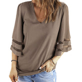 Womens V Neck 3/4 Sleeve Blouse Mesh Panel Shirt Solid Flowy Loose Top-Brown
