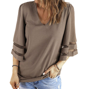 Womens V Neck 3/4 Sleeve Blouse Mesh Panel Shirt Solid Flowy Loose Top-Brown