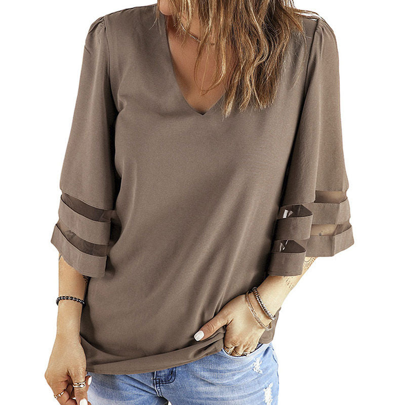 Womens V Neck 3/4 Sleeve Blouse Mesh Panel Shirt Solid Flowy Loose Top-Brown