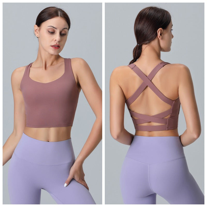 V Neck Longline Sports Bras Padded Wirefree Stretchy Yoga Camisole-Pink