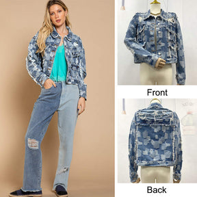 Womens Plaid Denim Jacket Fringed Ripped Cropped Coat for Autumn