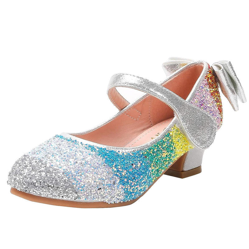 Girls Glitter Mary Jane Low Heel Princess Dress Pumps for Kids-Silver