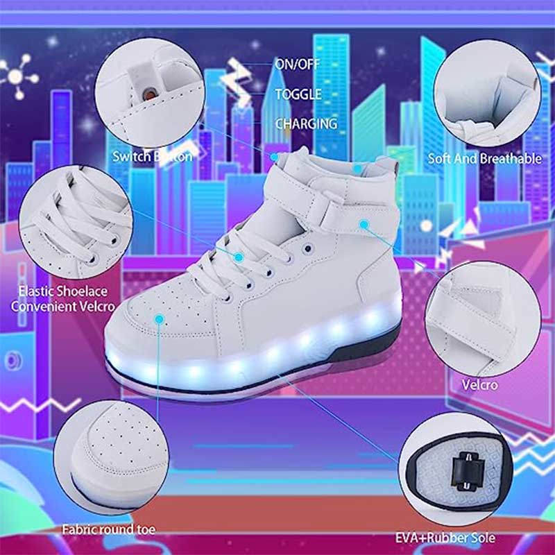 Kids Light Up Roller Skate Shoes High Top Sneakers Double Wheels-White