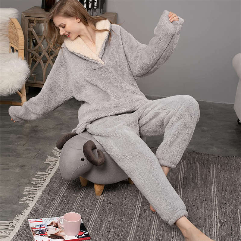 Womens Coral Fleece Oversized Pajamas Set-Grey