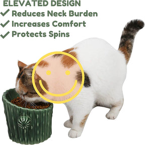 Cactus Elevated Ceramic Pet Bowls Tilted for Cats and Small Dogs Single Branch-Green