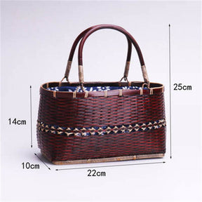 Retro Weave Womens Bamboo Handbag Handmade Large Tote Bag Wicker Basket Bag-White Flower
