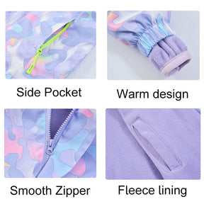 Girls Outdoor Jacket Floral Fleece Removable Light Windproof with Hood-Purple
