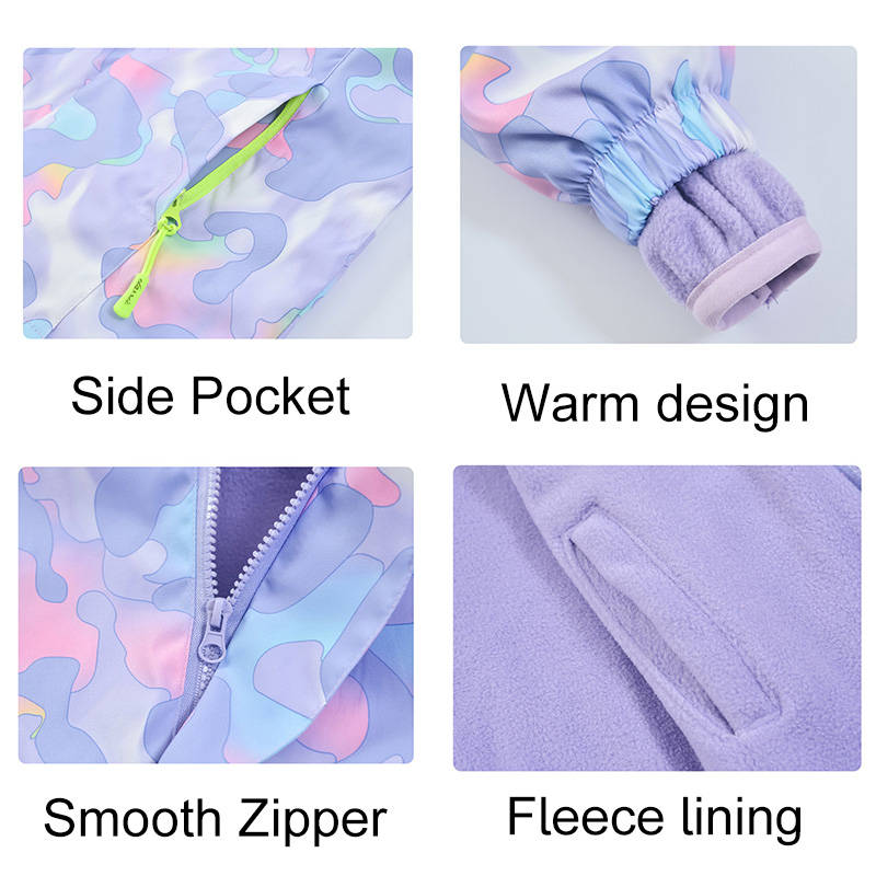 Girls Outdoor Jacket Floral Fleece Removable Light Windproof with Hood-Purple