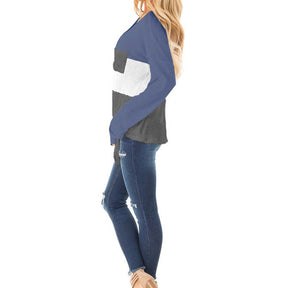 Womens Long Sleeve V-neck Autumn T-shirt Loose Top with Pockets-Blue