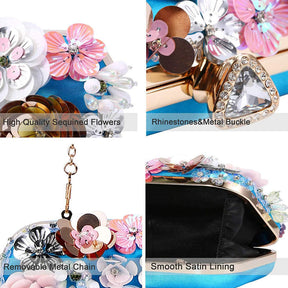 Colorful Floral Clutch Evening Bags for Women Beaded Purse Prom Handbag-Blue
