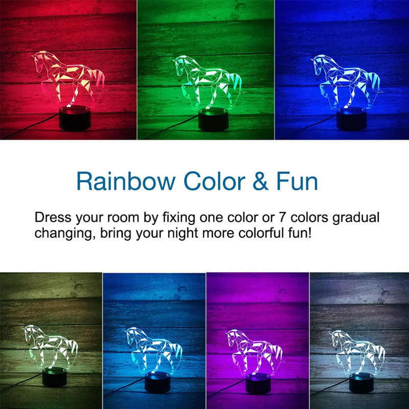 3D Horse Illusion Lamp LED 7 Color with Touch Remote Control Night Light for Kids