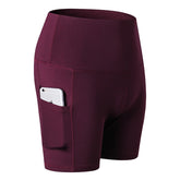 Women Yoga Shorts With Pockets High Waist Running Fitness Leggings Sports Quick Drying Tight Pants 2049-Wine Red