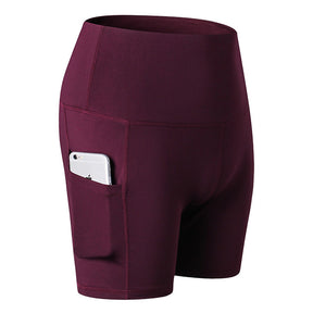 Women Yoga Shorts With Pockets High Waist Running Fitness Leggings Sports Quick Drying Tight Pants 2049-Wine Red