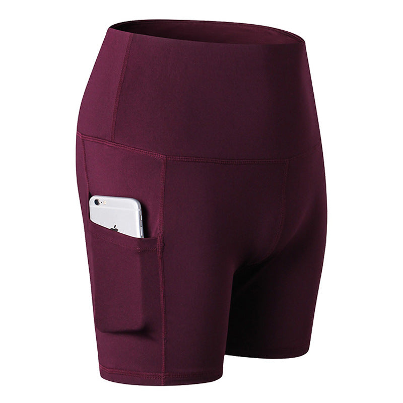 Women Yoga Shorts With Pockets High Waist Running Fitness Leggings Sports Quick Drying Tight Pants 2049-Wine Red