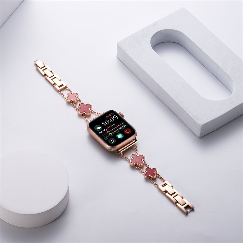 Apple Watch Band Luxury Four-leaf Clover Thin Stainless Steel for iWatch Series SE/6/5/4/3/2/1-RoseGold+Pink