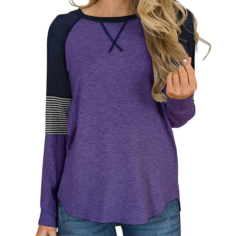 Womens Color Block Round Neck Tunic Top Casual Long Sleeve Shirt-Purple