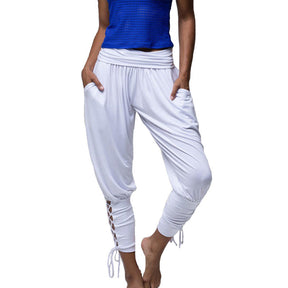 Womens Solid Color High Waist Lace Up Pants Fitness Loose Pants with Pockets-White