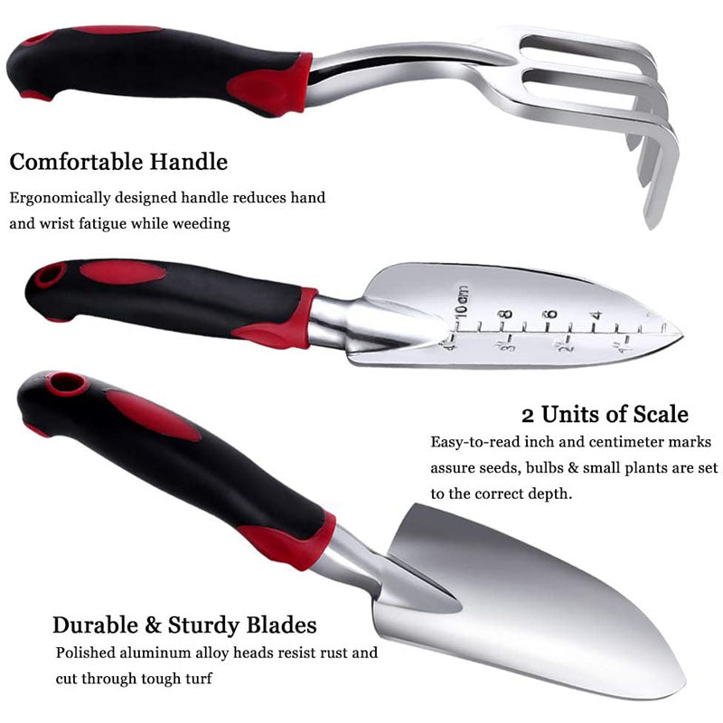 3Pcs Heavy Duty Gardening Tools Cast Aluminum with Soft Rubberized Non-Slip Handle Garden Tools Set -Red