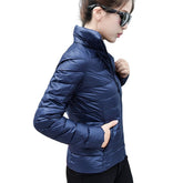 Lookbook Womens Lightweight Puffer Jacket Winter Stand Collar Short Coat-Navy Blue