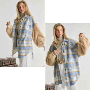 Womens Plaid Jacket Sherpa Patchwork Thickened Oversized Coat-Blue