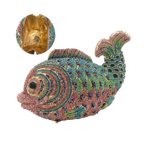 Mini Women Fish Evening Bags Crystal Clutch Purse Rhinestone Handbags with Chain-16A