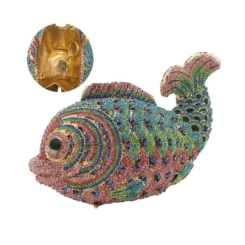 Mini Women Fish Evening Bags Crystal Clutch Purse Rhinestone Handbags with Chain-16A