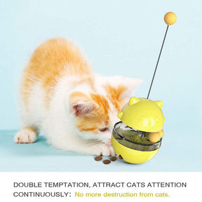 Tumbler Style Cat Food Dispenser Treat Toys with Dual Rolling Balls Detachable Wand-Yellow