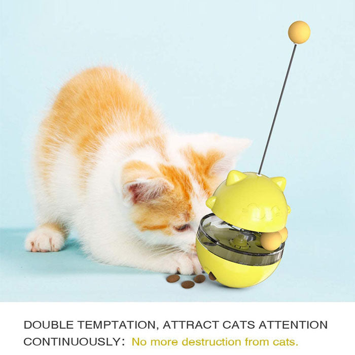 Tumbler Style Cat Food Dispenser Treat Toys with Dual Rolling Balls Detachable Wand-Yellow