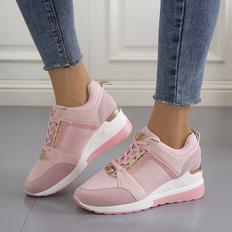 Womens Wedge Sneaker Hidden Lace-up Breathable Casual Shoes-Pink