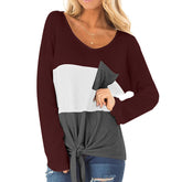 Womens Long Sleeve V-neck Autumn T-shirt Loose Top with Pockets-WineRed