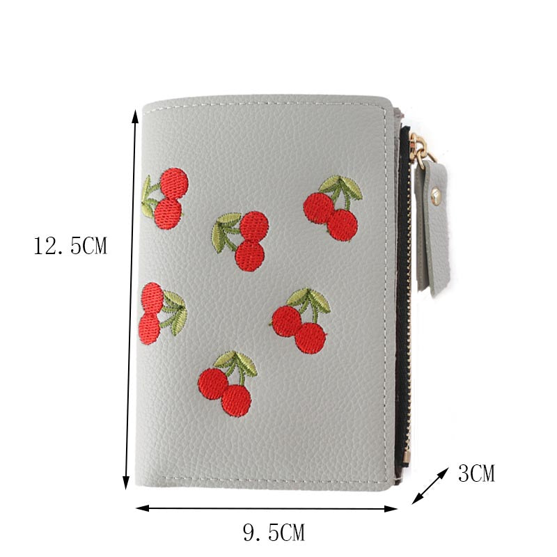 Women Cute Small Wallet Cherry Pattern Card Holder-Grey