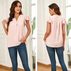 Womens Ruffle Shirts V Neck Short Sleeve Pom Chiffon Blouses Tops-Pink