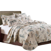 Quilt Set 3 Pieces Queen Size Green Leaves Sparrow Printed Cotton Bed Cover