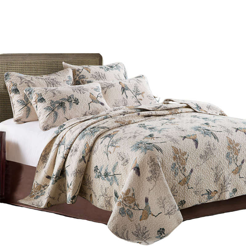 Quilt Set 3 Pieces Queen Size Green Leaves Sparrow Printed Cotton Bed Cover