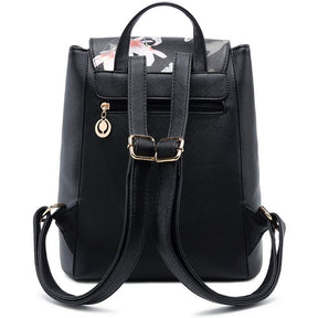 Fashion PU Leather Women Backpack Anti-theft Travel Bag-Flower Black