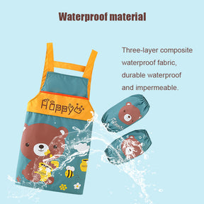 Children Cartoon Waterproof Apron with Sleeve Covers for Painting Cooking-Dark Green Honey Bear