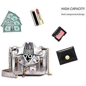 Women Motorcycle Jacket Crossbody Bag Punk Style Lapel Collar Satchel Bag-Sliver