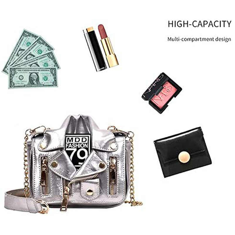 Women Motorcycle Jacket Crossbody Bag Punk Style Lapel Collar Satchel Bag-Sliver