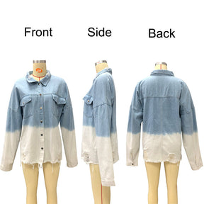 Women Ripped Denim Jacket Boyfriend Mid Long Trucker Coat-BlueWhite