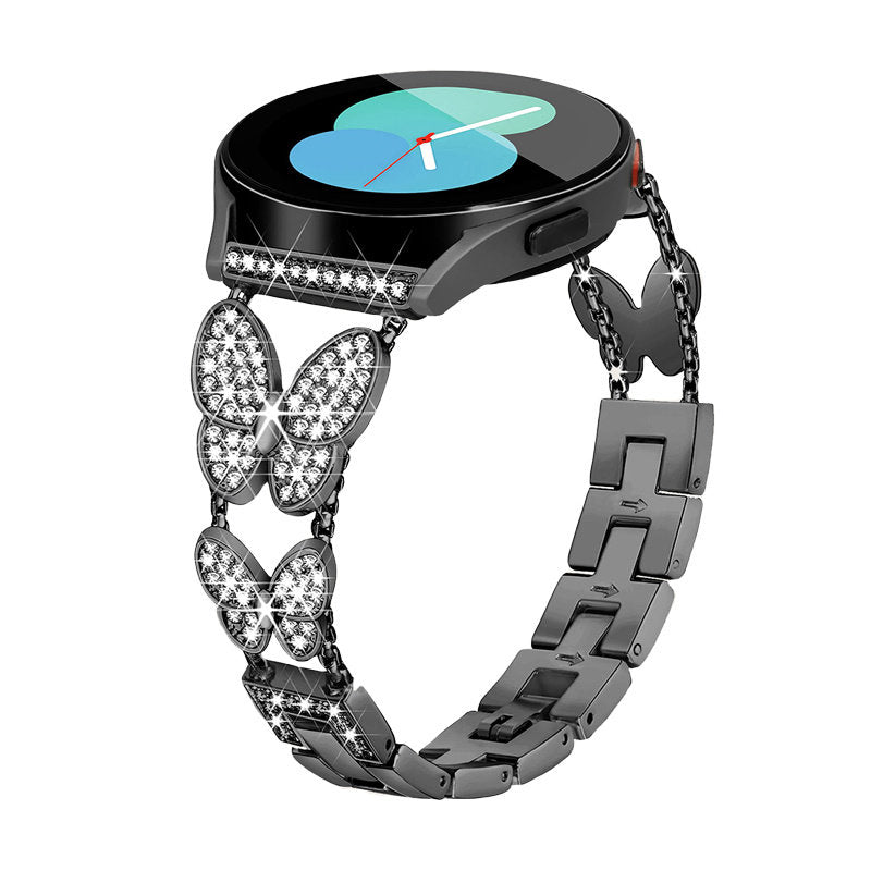 20mm Metal Watchband Butterfly Bling Diamond for Galaxy Watch 3/4/5-Black