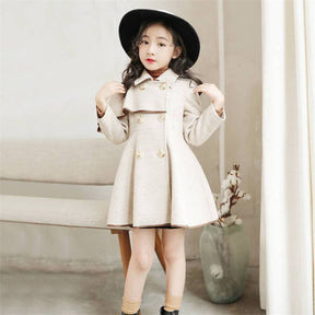 Girls Woolen Long Coat Jacket Autumn Winter Warm Trench England Style-Khaki