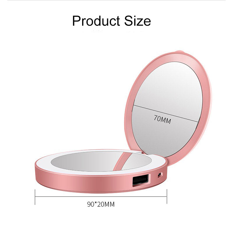 Lighted Mini Travel Makeup Mirror 1X/3X Magnification Rechargeable-Pink