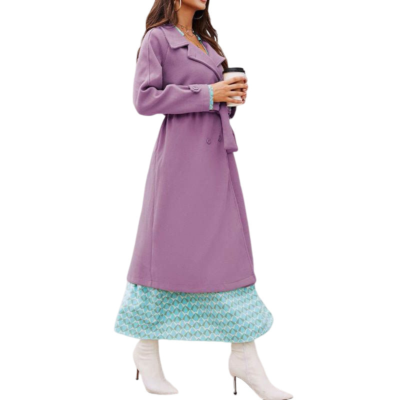 Lookbook Womens Elegant Woolen Coat Mid Length Trench Jacket with Belts-Purple