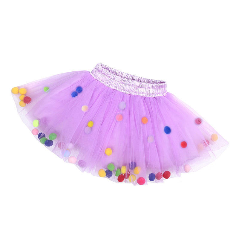 Girl Tutu Skirt Fluffy Toddler Tulle Tutus 3 Layers With Pom Pom Puff Balls-Purple