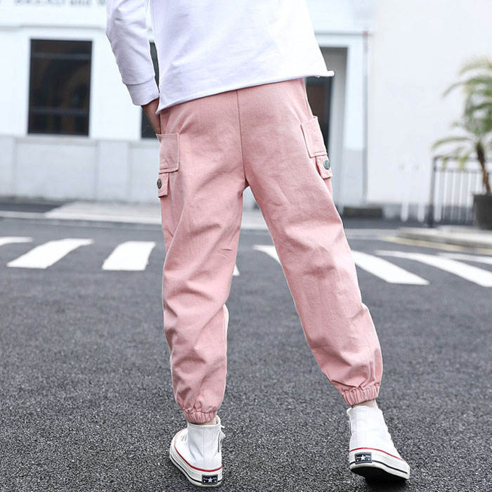 Girls Joggers Long Pants Pockets Outdoor Casual Trousers Iron Ring-Pink