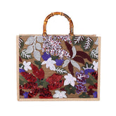 Handbag Bamboo Tote Sequin Straw Woven Bag for Womens-WineRed