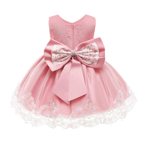 2-6T Little Girl Bowknot Lace Dress Party Wedding Dresses with Headwear-Pink