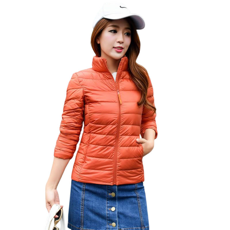 Lookbook Womens Lightweight Puffer Jacket Winter Stand Collar Short Coat-Orange