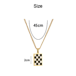 Black and White Checkerboard Rectangle Necklace Titanium Steel Pendant Sweet Cool Girl Jewelry