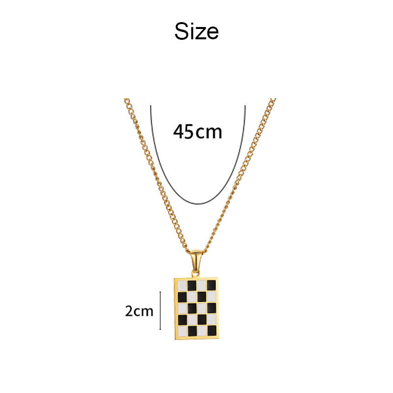 Black and White Checkerboard Rectangle Necklace Titanium Steel Pendant Sweet Cool Girl Jewelry